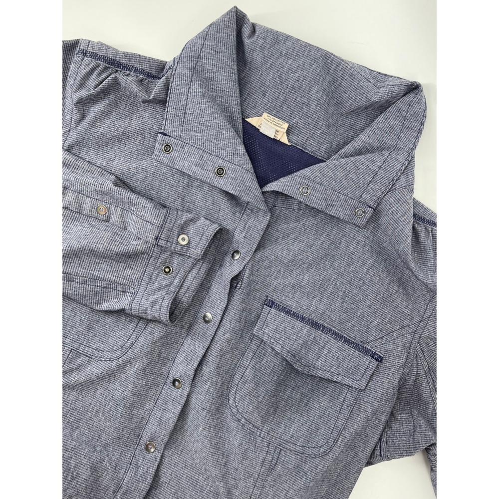 Womens Blue Micro Check Snap Front Duluth Roll Tab Sleeve Size M